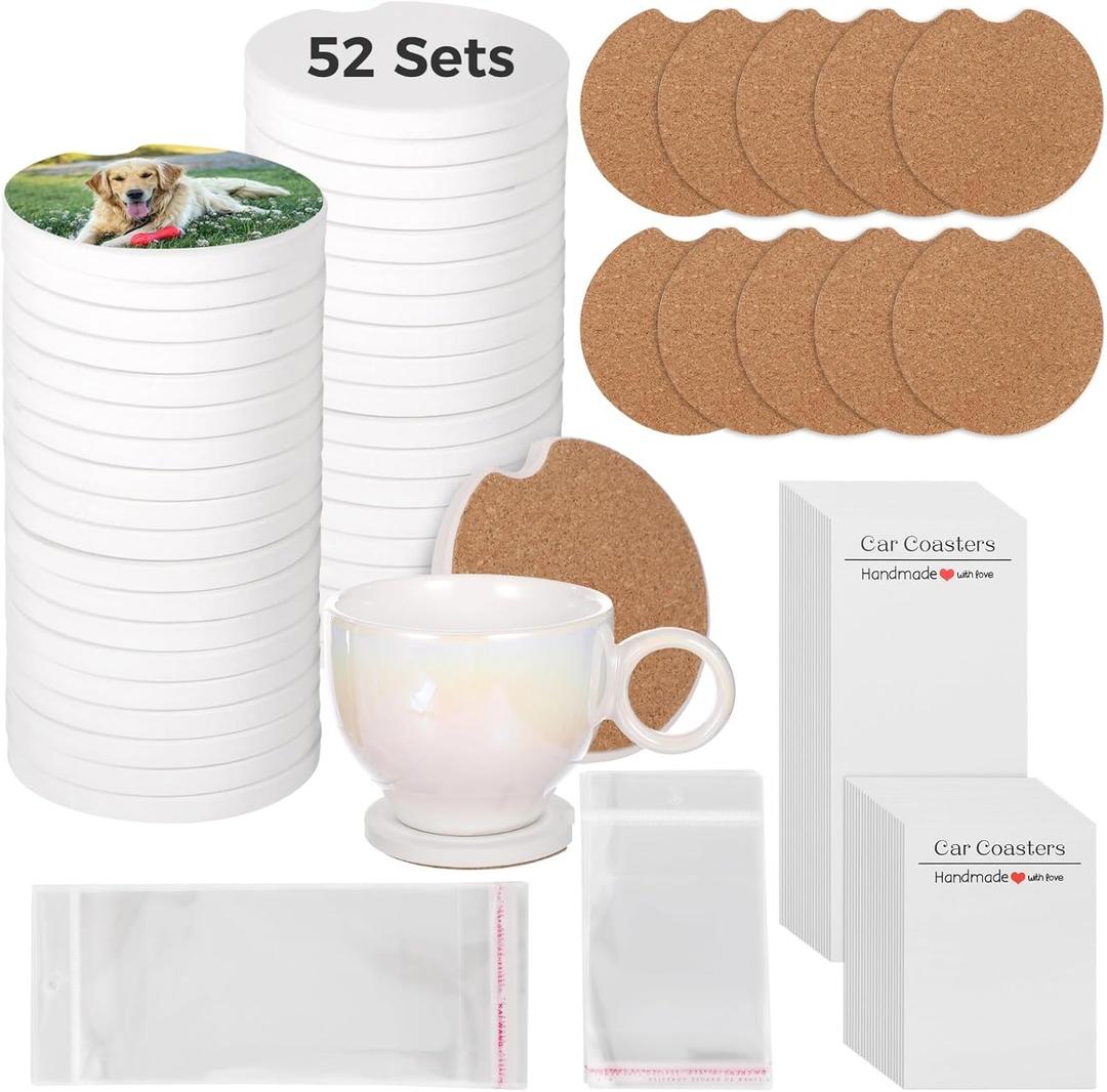 52 Set Ceramic Car Coasters, 2.6 Ceramic Sublimation Blanks Car Coasters with Car Coaster Packaging, DIY CraftCar Coaster, Keep Vehicle Free from Cold Drink Sweat Stain Spill (52PCS)
