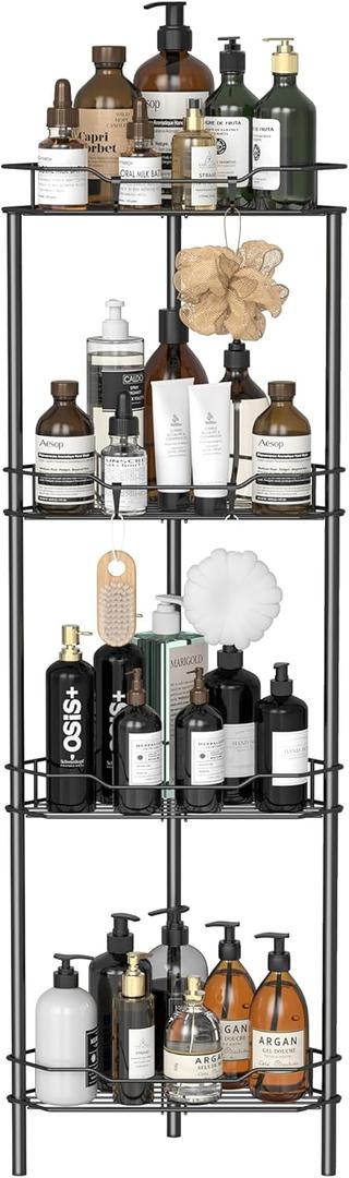 4-Tier Corner Free Standing Shower Caddy Organizer Rack with Hooks, Adhesive-Fixed Floor Shower Tower Shelf, Black