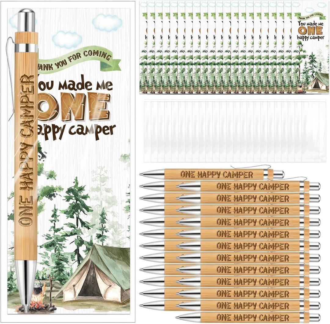 Spakon 24 Sets One Happy Camper Favors Pens Bamboo Pens with Thank You Bookmarks 1st Birthday Party Supplies Return Gifts for Guest Game Prizes Gender Reveal Supplies