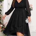 Talisea Plus Size Cocktail Dress - Formal Wedding Guest Fall Long Sleeve A Line Pleated V Neck Midi Dresses for Curvy Women (Black), 14W