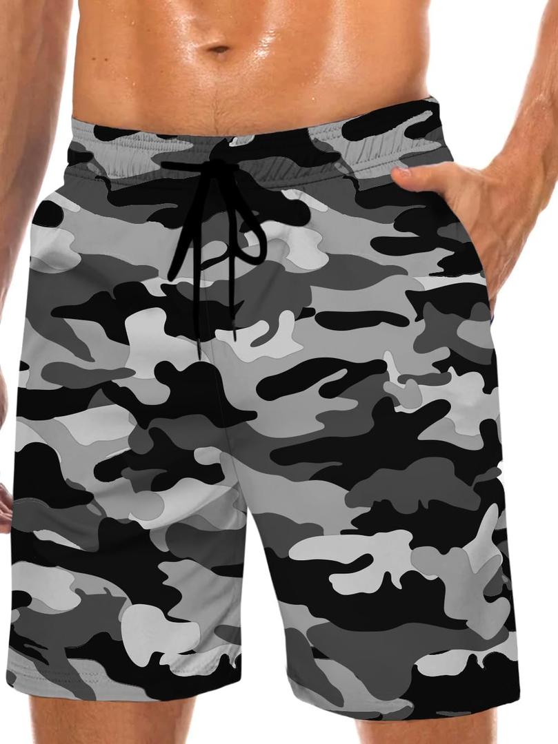 Men's Swim Trunks Hawaiian Bathing Mesh Lining Suit Swimsuits Beach Shorts with Pockets (3X-Large, Camo-Grey)