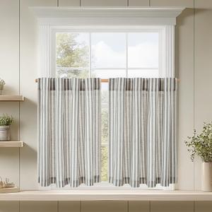 jinchan Linen Kitchen Striped Tier Curtains Ticking Stripe Farmhouse Pinstripe Cafe 24 Inch for Living Room Bathroom Small Window Curtains Light Filtering 2 Panels Black