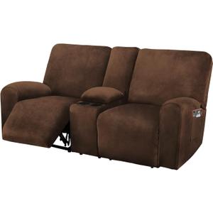 ULTICOR Reclining Love Seat with Middle Console Slipcover, 8-Piece Velvet Stretch 2 seat Loveseat Recliner Cover, Thick Soft, Washable (Chocolate)
