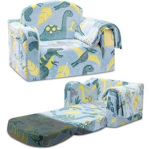 Airpanda Comfy Toddler Chair and Couch for Kids with Blanket,2-in-1 Soft Plush Fold Out Toddler Couch for Girls and Boys,Convertible Sofa to Lounger for Playroom,Glowing Dinosaur (Green)