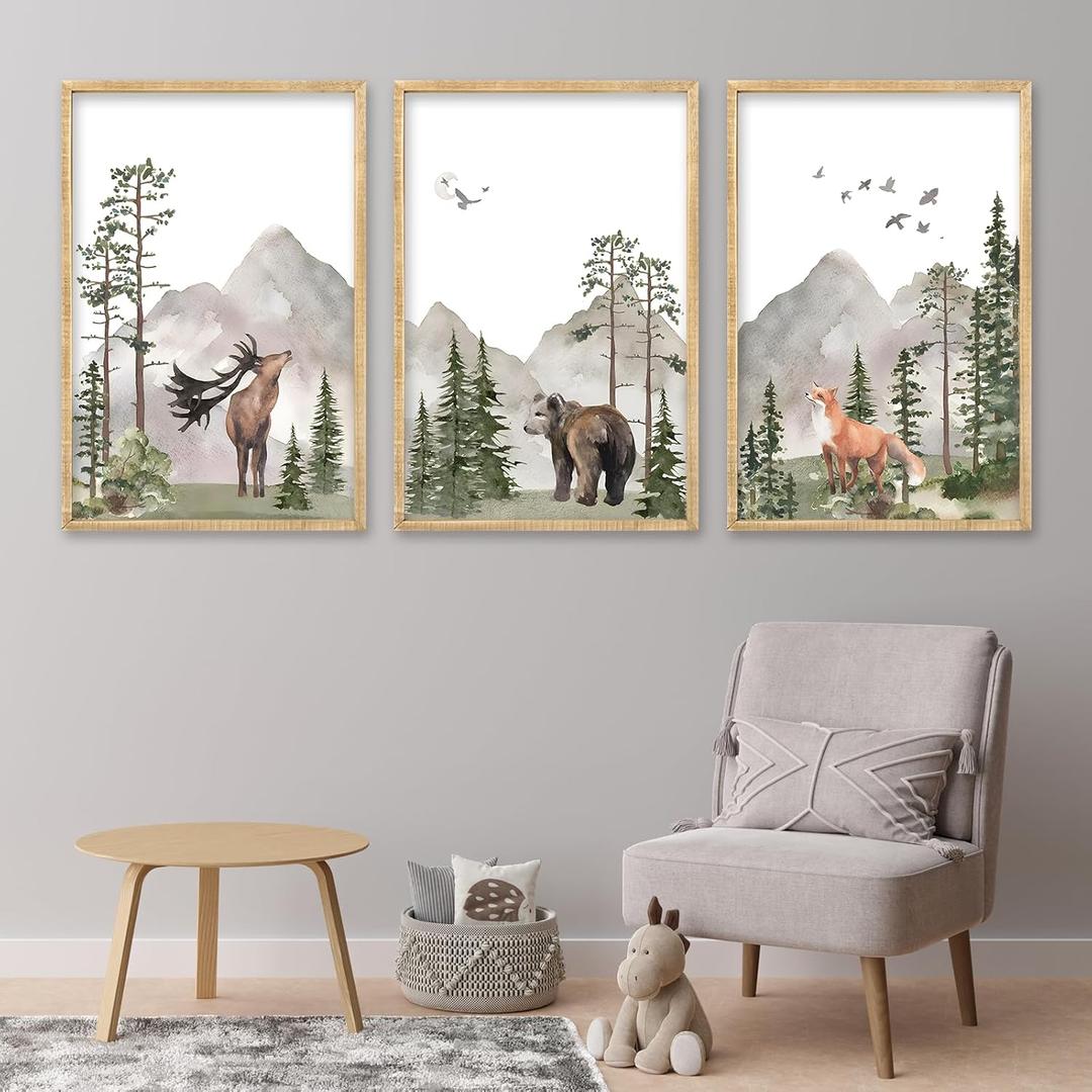 Set Of 3 Wild Woodland Nursery Animals Wall Art Decor 16x11 Inch Safari Foggy Forest Deer Bear Fox Posters Wood Framed Sign Jungle Children's Boys Girls Room Watercolor Prints Hang (Wood)