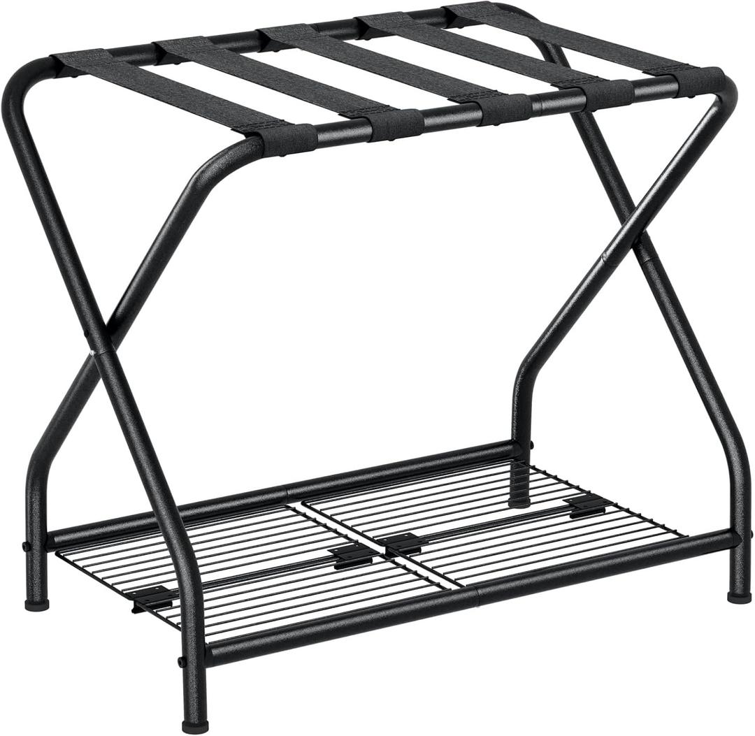 Luggage Rack, Suitcase Stand with Storage Shelf, Foldable Metal Luggage Holder for Guest Room, Bedroom, Hotel LR-BK-1 (Black)