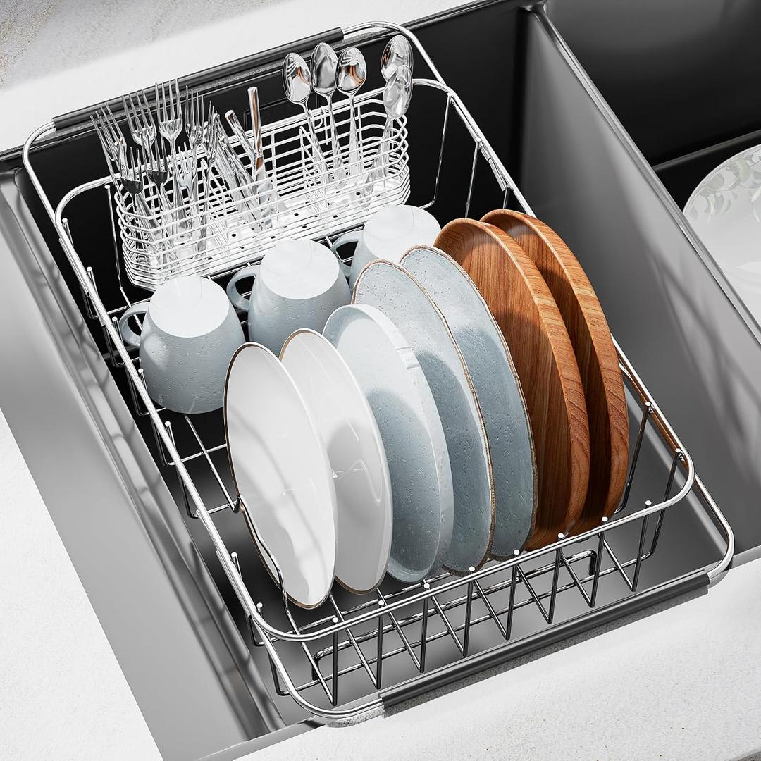 JAQ Over Sink Dish Drying Rack, Expandable 14.96"–22.44" Adjustable Dish Rack for Kitchen Sink, 304 Stainless Steel Dish Drainer with Utensil Holder, Space Saving for Most Standard Kitchen Sinks, 304 Stainless Steel - 11 dishes