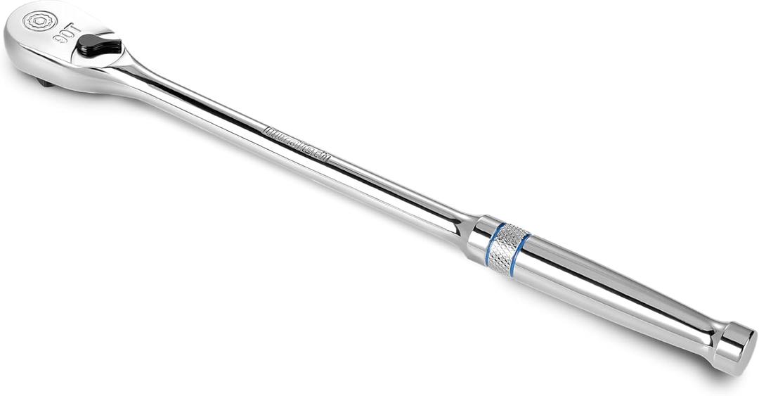 DURATECH Extra Long Handle 3/8-Inch Drive Ratchet, 90-Tooth Ratchet Wrench with 12" Handle and Dust Proof Teardrop Enclosed Head, Reversible, CR-V Steel Made, CR-MO Head, Full Polished, Gifts for Men