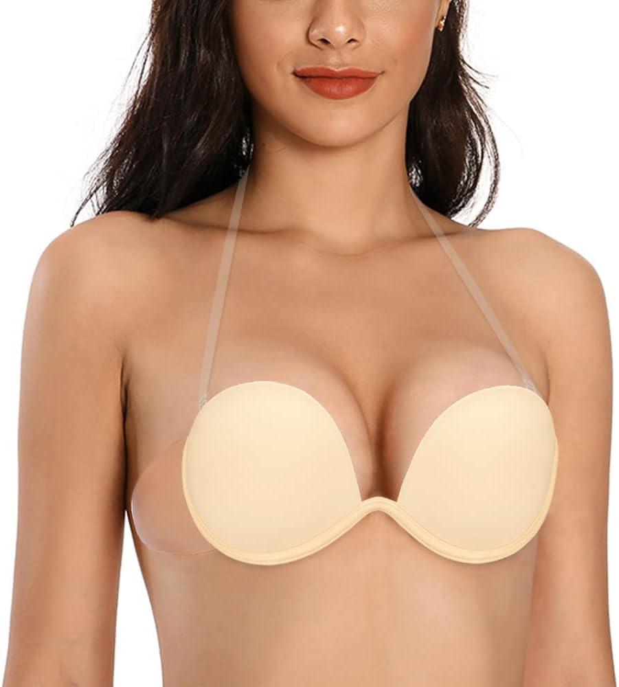 JOATEAY Women's Strapless Backless Bra Plunge Push Up Underwire Adhesive Halter Bra with Clear Strap(Nude, B)