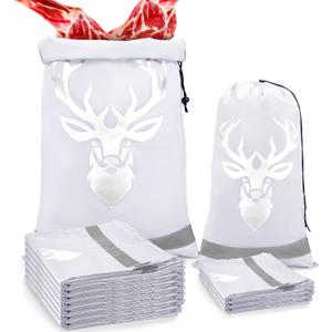 Locmeo 10 Pcs Game Bags for Hunting Reusable Lightweight Waterproof Heavy Duty Wild Game Meat Bags with Reflective Tags Durable Washable Backcountry Big Hunting Bag for Elk Caribou Deer(White, S + L)