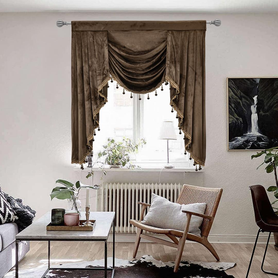 OYRING Chocolate Velvet Waterfall Valance for Window - Rod Pocket Valances for Bedroom and Living Room (1 Panel, Brown, W89 Inch)