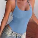 REORIA Women's Sexy Scoop Neck Backless Bodysuits Open T-Back Cami Sleeveless Bodysuit Tank Top Trendy (Blue, S)