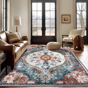 8x10 Washable Area Rugs Boho Vintage Living Room Large Non Slip Area Rug Distressed Printed Carpet for Dinning Room Bedroom Playroom Indoor Clearance (Beige/Orange,8x10ft)