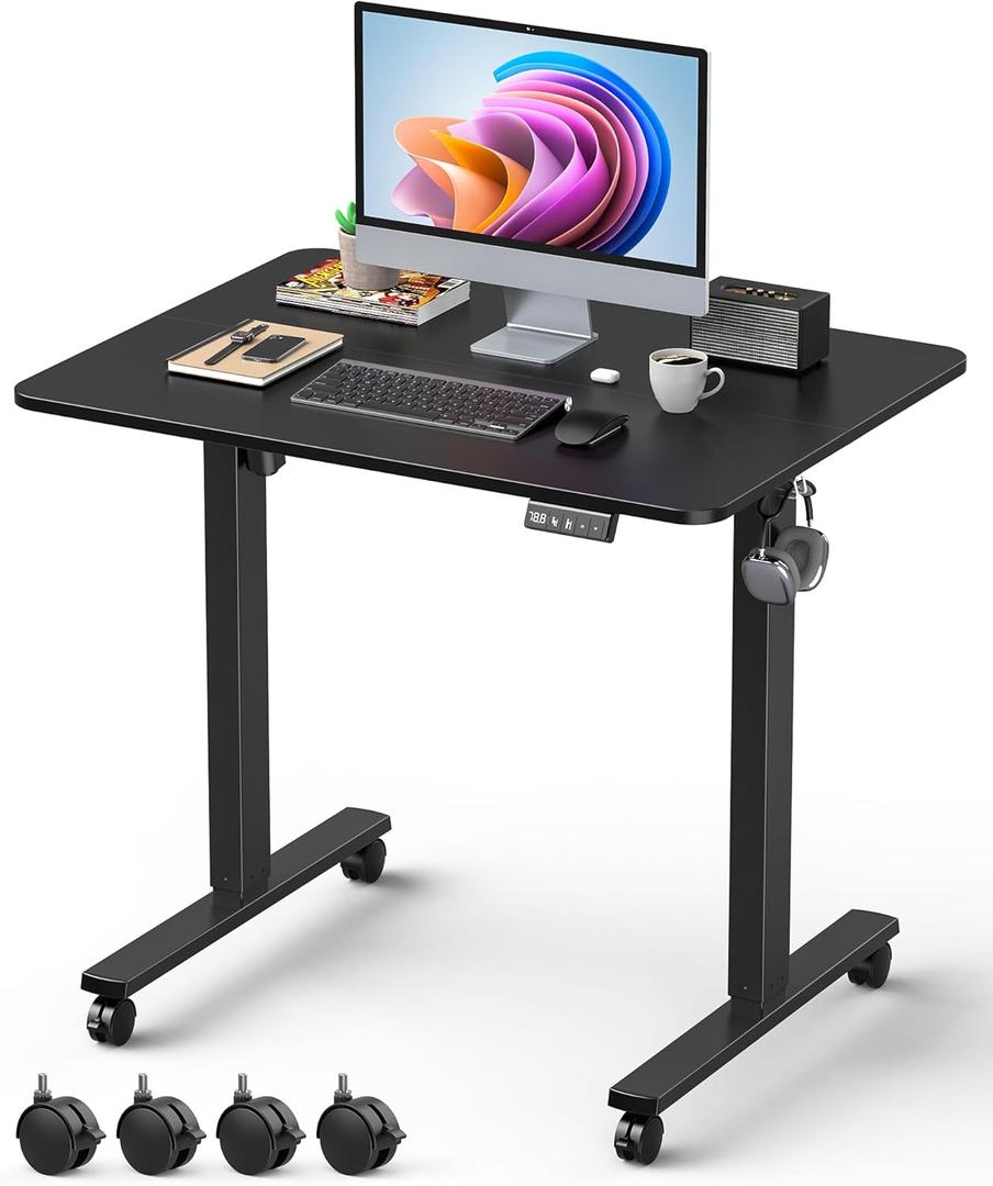 32" Small Electric Rolling Standing Desk Adjustable Height, Mobile Sit Stand up Desk with Lockable Casters for Home Office & Computer Workstation, Splice Board, 2 Hooks, Black Frame/Black Top, 31.5 X 23.6 Inch