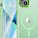 WRJ Magnetic for iPhone 13 Case,iPhone 14 Case with Screen Protector, Magnetic Translucent [Compatible with Magsafe] Slim Anti-Fingerprints Shockproof Protective Cover for Women Men-Matcha Green