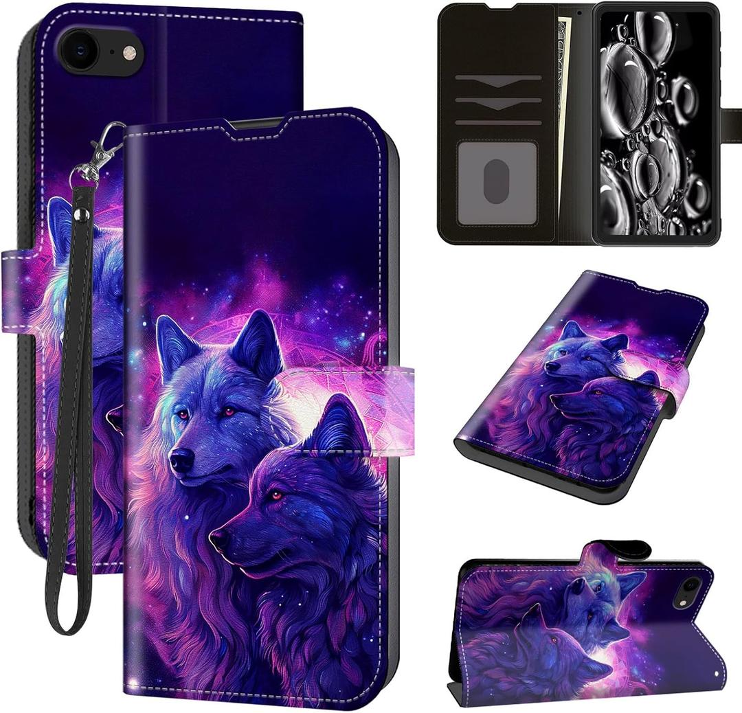 foiPhone 16e Case Walle with Card Holder Slots & Wrist Strap & Kickstand Flip Folio Leather Magnetic Protective Shockproof Rugged Heavy Duty Cover,Blue Purple Wolf