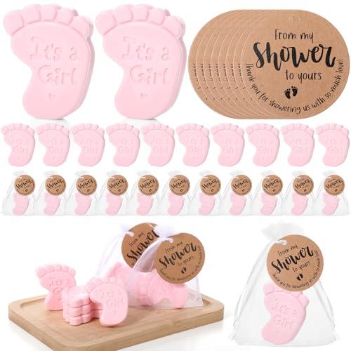 Swiffen 50 Sets Baby Shower Soap Favors for Guests Boy Girl Mini Handmade Scented Soaps with Thank You Tags and Organza Bags for Shower Gender Reveal Party Favors(Pink Footprint,It's A Girl)