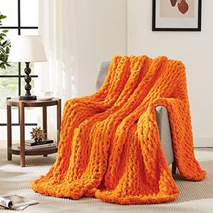 L'AGRATY Chunky Knit Blanket Throw: 50''x60'' Chenille Chunky Knitted Throw Blanket for Bed Couch - Handmade Thick Big Cable Knit Blanket - Large Chunky Crochet Rope Blanket for Home Decor(Orange)