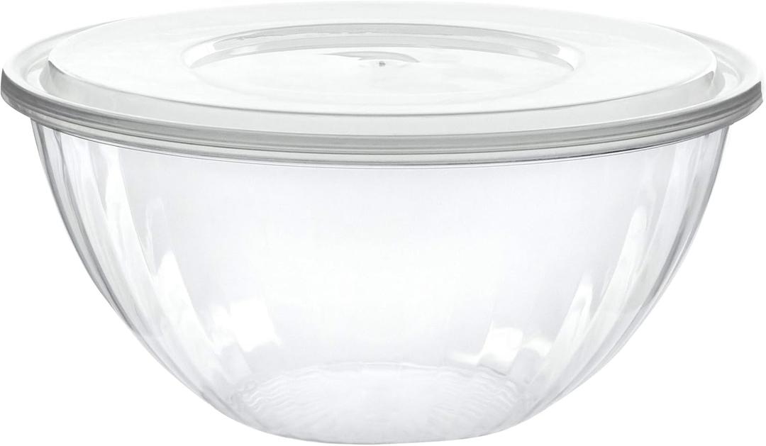 PLASTICPRO Disposable Round Crystal Clear Serving Bowls With Lids - Party Snack or Salad Bowl, Plastic Chip Bowl, Candy Dish (2, 96 OUNCE)