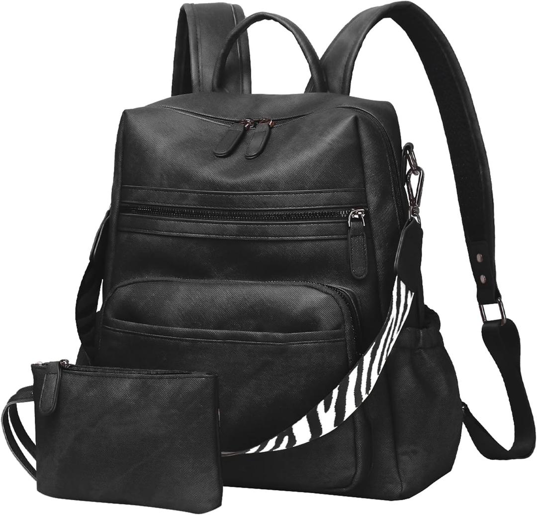 Women Backpack Purse Bag PU Leather Travel Backpack Purse for Women Ladies Shoulder Bags Satchel Handbag 2 Piece Black