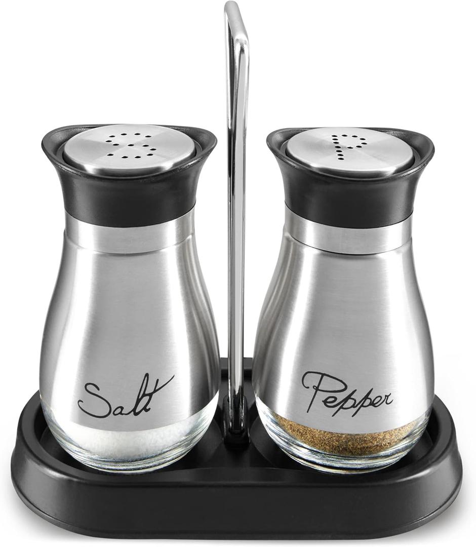Juvale Stainless Steel Salt and Pepper Shakers Set with Holder, Refillable, Clear Glass Bottoms, Screw-Off Perforated "S" and "P" Caps for Kitchen Table Decor (4oz) (Silver)