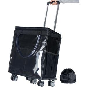 Reusable Grocery Bags on Wheels, Rolling Tote Bag, Portable Shopping Cart for Groceries with Wheels and Drawstring Bag, Trolley, 54L, Foldable, Black