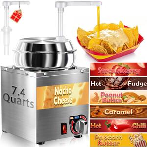 Nacho Cheese Dispenser, 7.4Qt Nacho Cheese Warmer with Pump, Stainless Steel Hot Fudge Warmer W/6-Level Temperature Adjustment, Commercial Sauce Dispenser for Butter Cheese Caramel