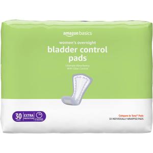 Amazon Basics Incontinence Pads for Women, Bladder Control, Postpartum, Overnight Absorbency, Unscented, 30 Count