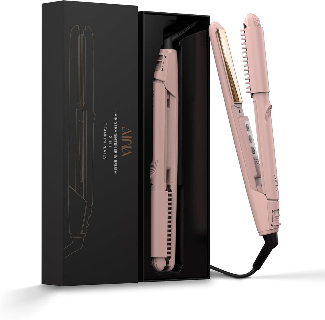 AINA Hair Straightener Brush, Flat Iron | Titanium Plates Dual Voltage Hair Straightening Curling Iron 2 in1 | Resolve Tangled frizz (Pink)