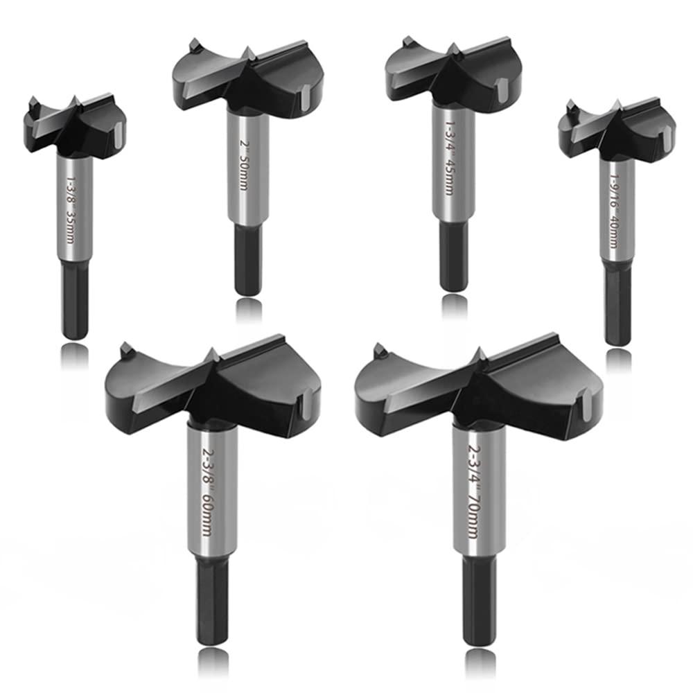 ASNOMY 6PCS Large Size Forstner Bit set, 1-3/8Inch to 2-3/4Inch Carbide Tipped Forstner Drill Bit for Hard Wood, Wood Drilling bit Set Woodworking Hinge Cutter Tool Kits for Wood Plastic Plywood