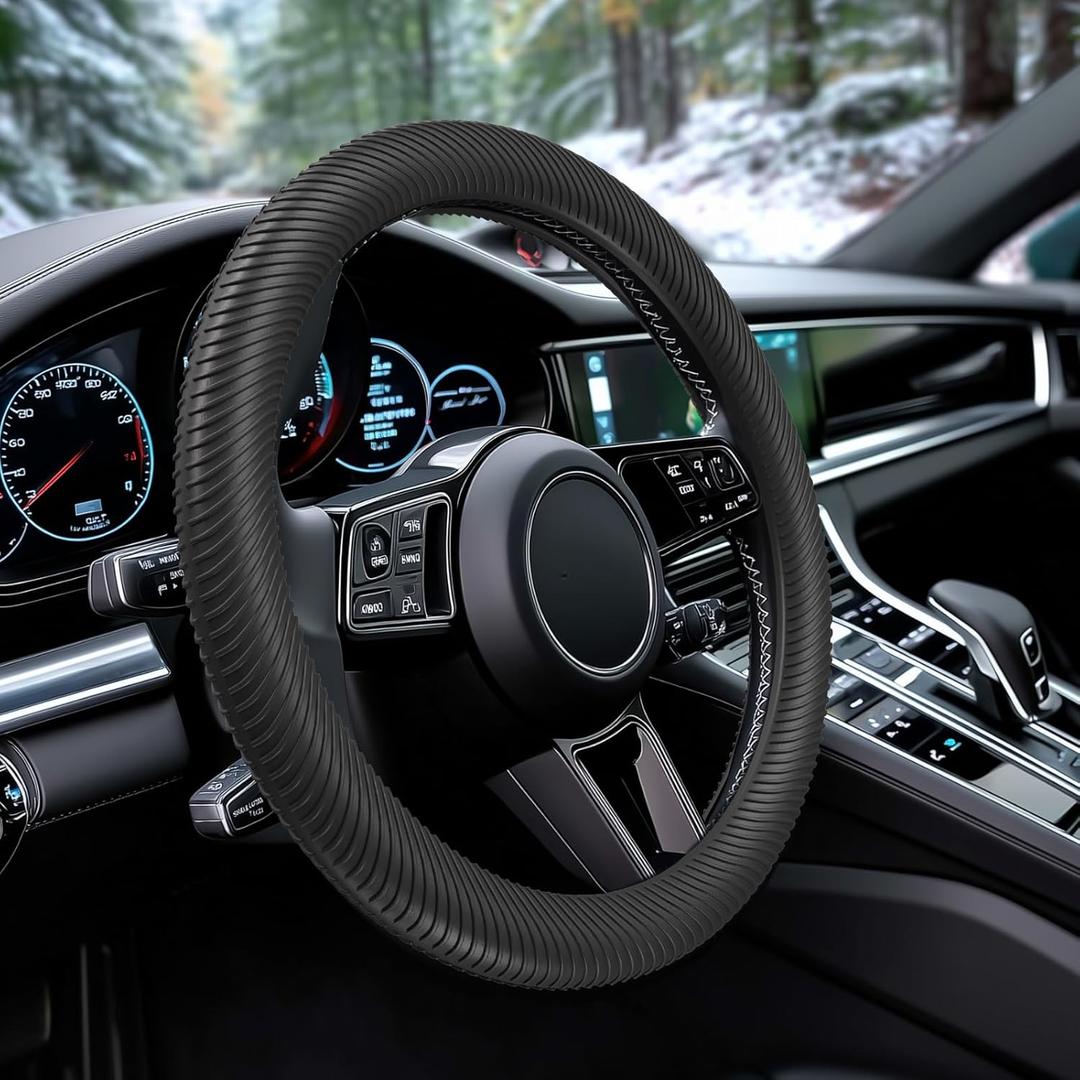 WOCOCN Car Steering Wheel Cover, Thin Anti-Skid Silicone Steering Wheel Cover for Men & Women, Universal Automotive Interior Accessories for Most Cars (Black)
