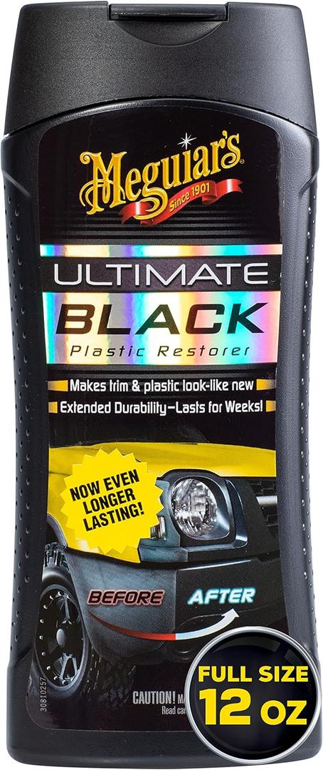 Meguiar's Ultimate Black Plastic Restorer, Durable Car Restorer for Faded Black Plastic, Vinyl, and Rubber, Restores Deep Color and Shine, for Car Guys, 12 Oz