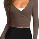 LASLULU Womens Tie Front Wrap Tops Long Sleeve Bolero Shrugs Crop Cardigan Yoga Ballet Cover-up Tops Pilates Outfits (Large, Coffee)