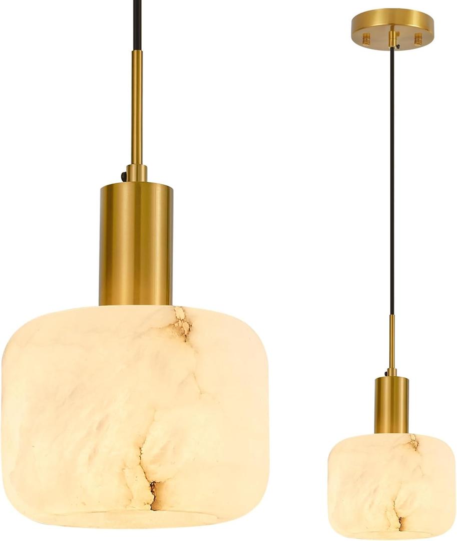 Natural Alabaster Pendant Lights Kitchen Island Fixtures,White Marble Shade Brass Finish Modern Pendant Light for Bedroom Bedside Dining Room Living Room Hallway(with Natural Crack)