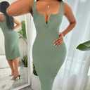 Women's Summer Dresses Button Front Ribbed Bodycon Tank Dress Square Neck Sleeveless Casual Midi Dress Green