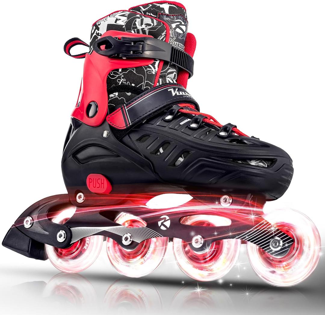 Inline Skates for Kids and Adult, Adjustable Fun Illuminating Skates for Girls, Boys, Women and Men Outdoor and Indoor, Beginners (Large-Youth & Adult, red)