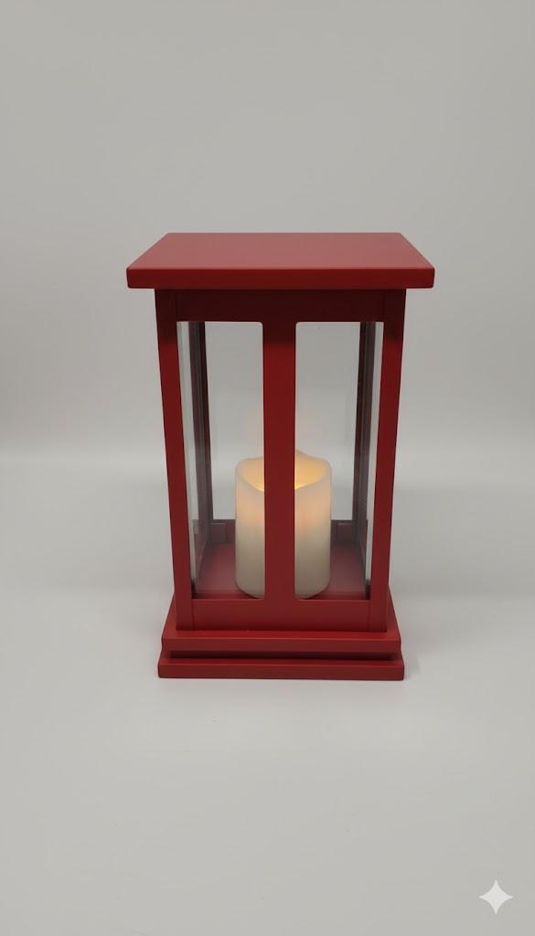 DECORKEY Christmas Decorations for Home, Decorative Christmas Lantern Indoor Outdoor Decor, Metal Hanging Candle Holder with Xmas Teardrop Wreath and LED Candle for Table Centerpieces, Patio (Red) (14.2'')