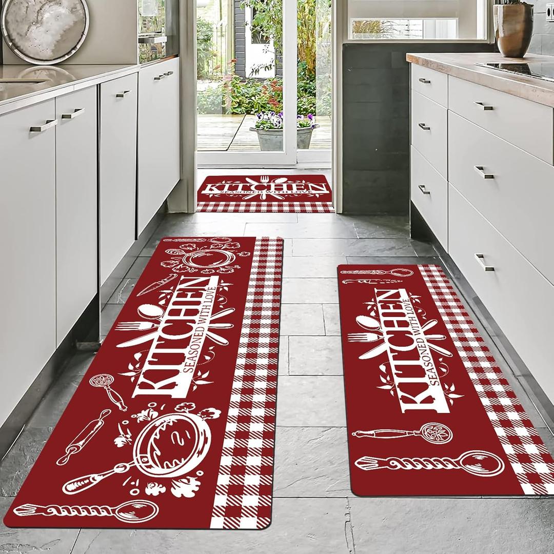 Red Kitchen Mats for Floor, 3 Pieces Non Slip Cushioned Kitchen Runner Rugs with Grid Design, Waterproof Comfort Mat Farmhouse Chef Runners Carpet for Sink, Bathroom (17*30+17*47+17'*59")