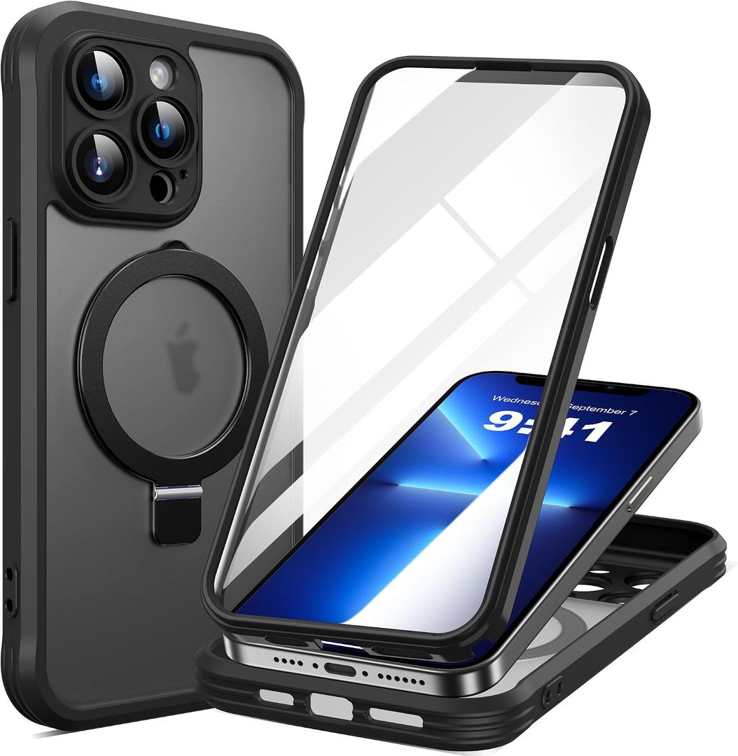 for iPhone 13 Pro Max Case with Invisible Magnetic Stand, Compatible with Mag-Safe Translucent Matte with Built-in Screen Protector, Shockproof Protective Phone Case for Women Men, Black