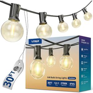 VIPAR Outdoor String Lights, 30FT 13 G40 Bulbs Patio Lights Outdoor Waterproof, Shatterproof Connectable LED Outside Hanging Light for Balcony, Backyard, Porch, Garden, Deck, Bistro, 2700K Dimmable