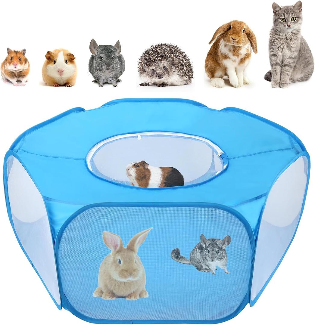 Rypet Collapsible Small Animal Cage Tent, Breathable Fabric Guinea Pig Playpen with Cover, Transparent Hamster Playpen Portable Pet Yard Exercise Fence for Reptile Rabbit Chinchilla Hedgehog(Blue)