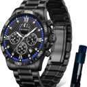 Watches for Men Stainless Steel: Dress Watch for Mens Quartz Analog Wrist Luxury Black Metal Tone Blue Dial Big Classic Diver Waterproof Chronograph Black Face Business Man Gift