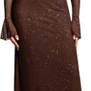 KUTUMAI Women Off Shoulder Bodycon Maxi Dress Long Sleeve Mesh Ruched Party Formal Wedding Guest Dresses (Small, Sequin Brown)