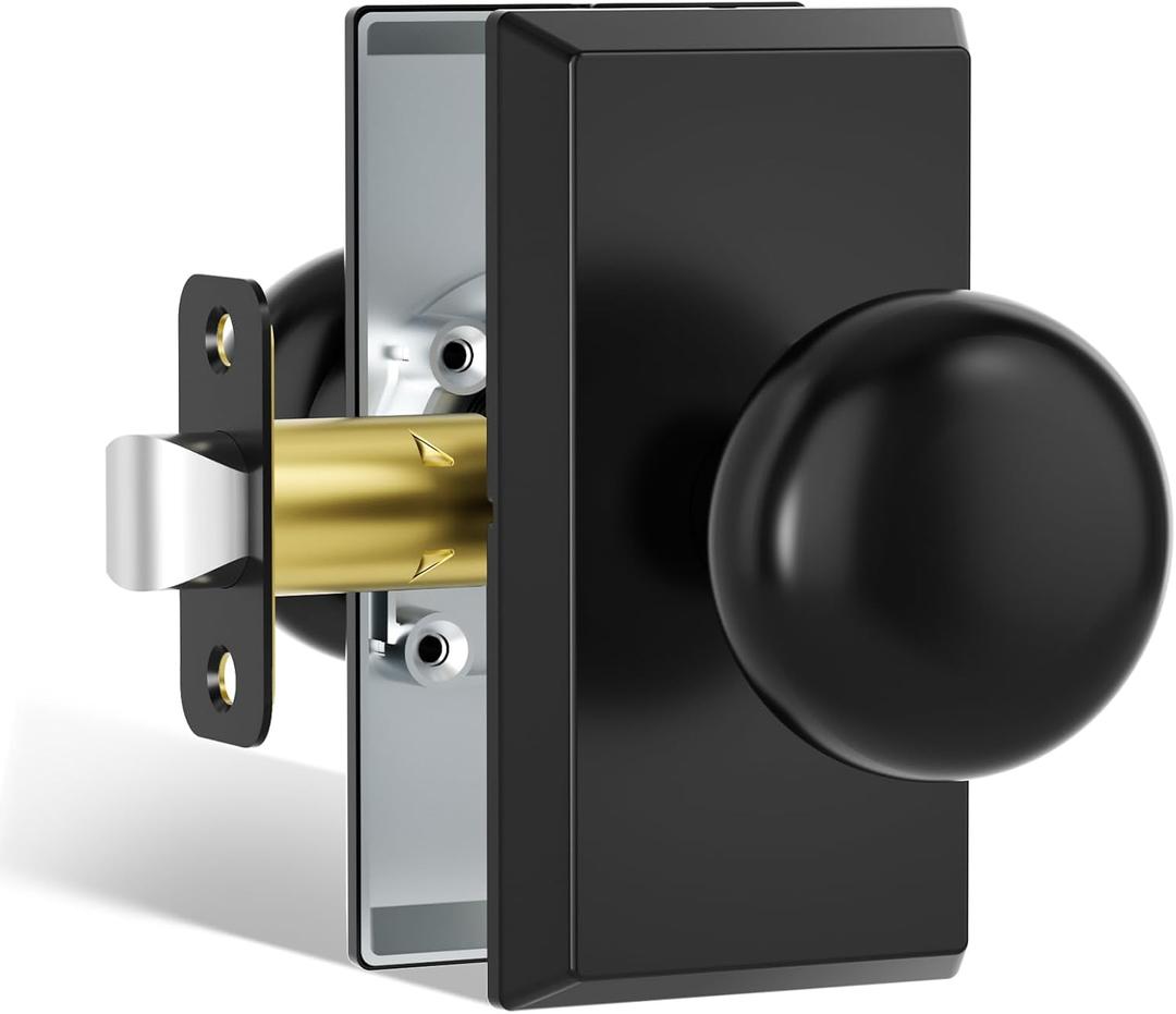 Black Door Knobs Interior, Modern Vintage Passage Rectangle Matte Black Round Door Knob Door Handles for Hall and Closet, 1 Pack, Stainless Steel Finish