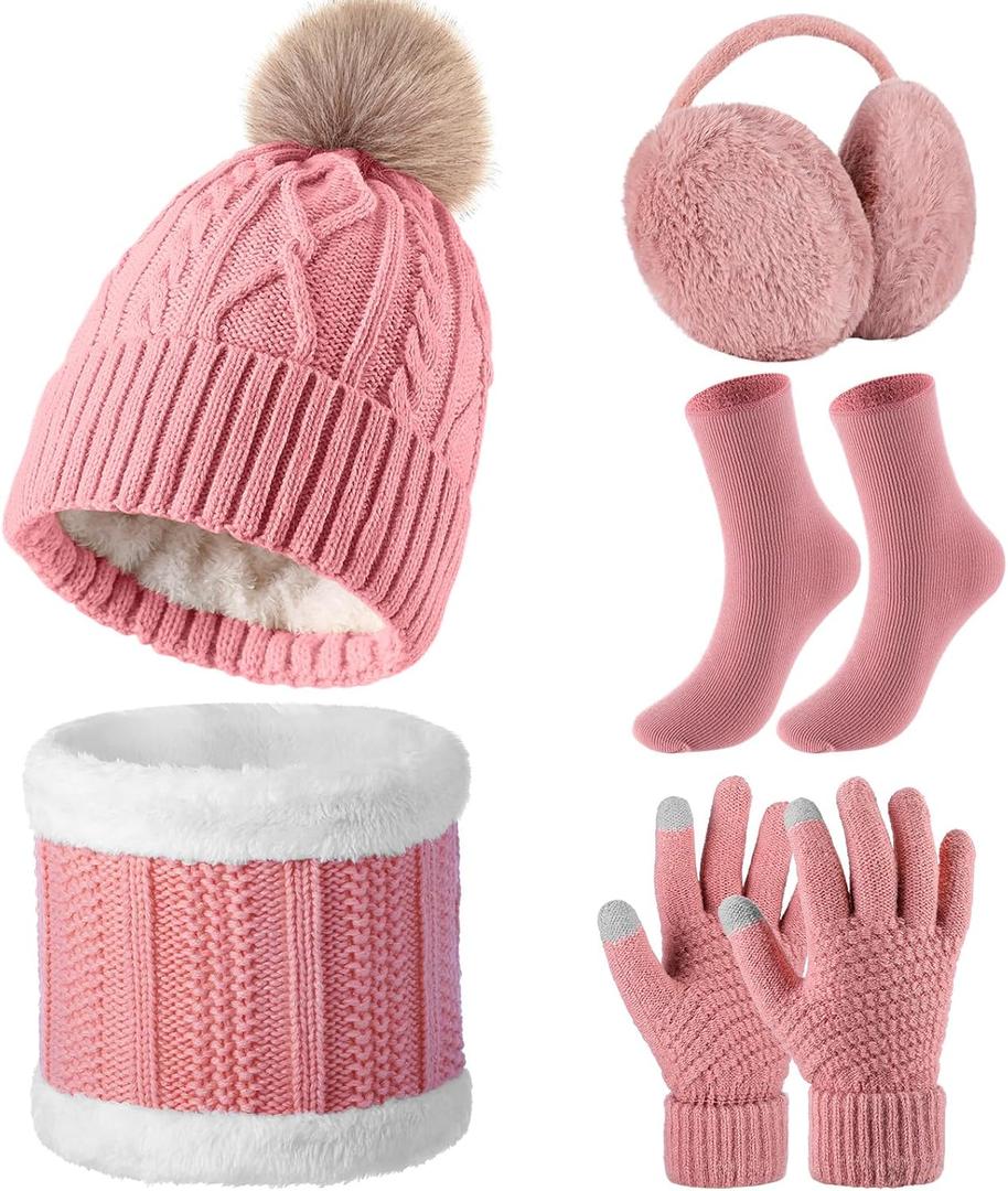 SATINIOR 5 Pcs Winter Hat Scarf Gloves Set Fleece Warm Lined Knit Beanie Hat Touch Screen Earmuff Gloves Warmer for Women(Pink,Rhombus Pattern)