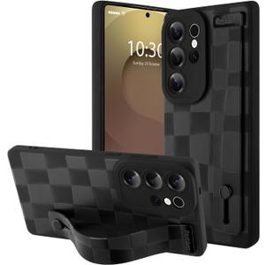 OOK Compatible with Samsung Galaxy S25 Ultra Silicone Phone Case with Strap, Trendy Checkerboard Pattern for Women Girls, Adjustable Finger Strap Kickstand Slim Protective Cover, Black Checkered