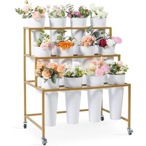 Flower Cart Display Stand, 3 Layers Metal Flower Bar Stand with 360 Swivel Wheels and Brake, Flower Display stand with Iron Buckets, Durable than Plastic Buckets, Flower Holder for Florist or Wedding