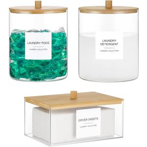 Glass Jars and Acrylic Dryer Sheet Holder, Laundry Pods Container with Bamboo Lid and 27 Labels, Powder Detergent Containers for Laundry Room Organization, Storage Jars Set (3 Pack)