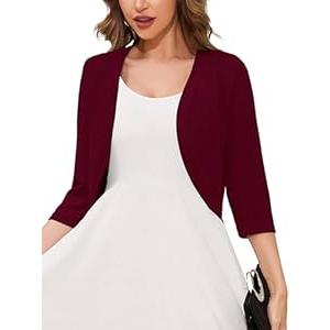 Women's 3/4 Sleeve Open Front Cardigan V-Neck Knit Cropped Bolero Shrug Sweater for Women (A10-magenta) M