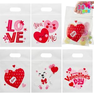 JOYIN 36 Pcs Valentines Day Cellophane Gift Bag, Candy Treat Bags,Goodie Bags with 6 Designs for Kids Party Favor Supplies, Classroom Exchange Prizes